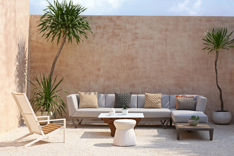 Bondi Belle Right Hand Arm Sofa Chaise with Teak Table by Mamagreen, showing bondi belle right hand arm sofa chaise with teak table in live shot.