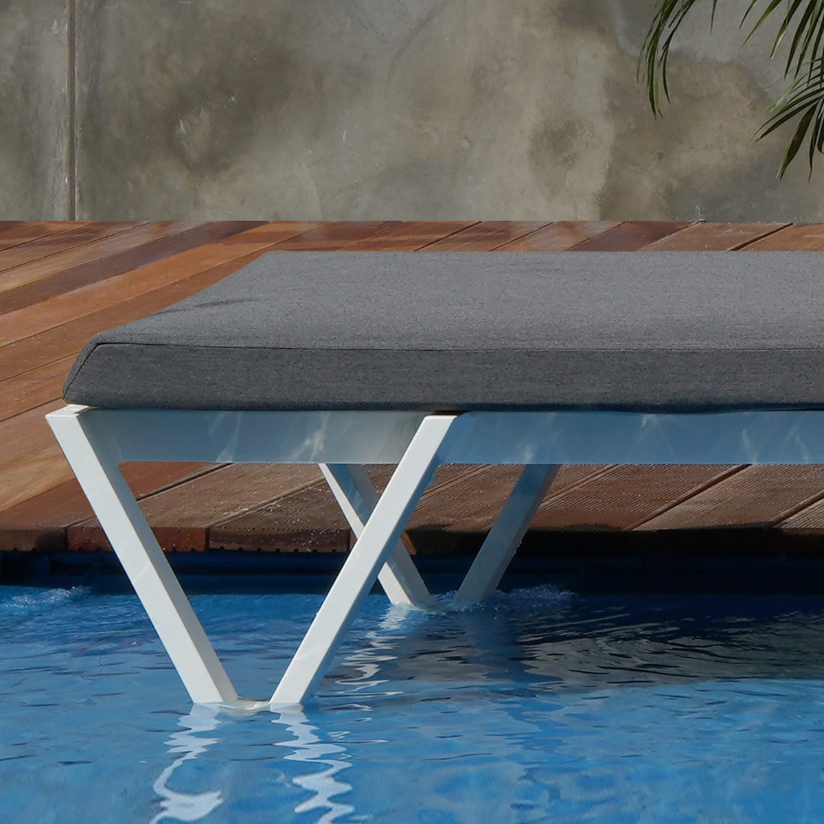 Bondi Ledge Stackable Cushion Sunbed by Mamagreen, showing closeup view of bondi ledge stackable cushion sunbed in live shot.