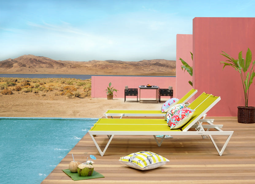 Bondi Stackable Sling Sunbed by Mamagreen, showing bondi stackable sling sunbed in live shot.