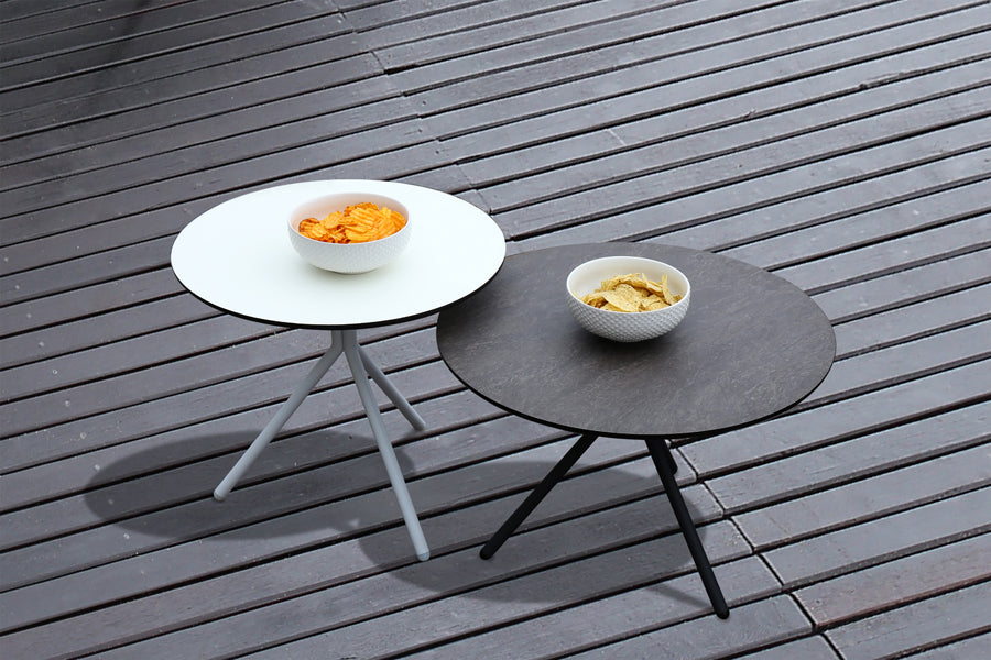 Bono HPL Aluminum Low Table by Mamagreen, showing bono hpl aluminum low table with bono hpl aluminum side table in live shot.