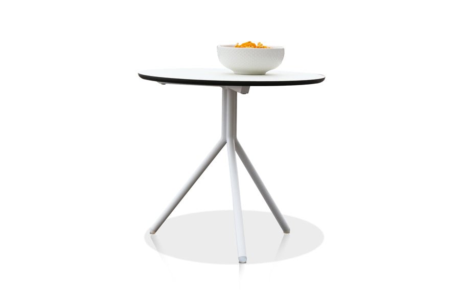 Bono HPL Aluminum Side Table by Mamagreen, showing bono hpl aluminum side table in white sand aluminum/alpes white HPL.