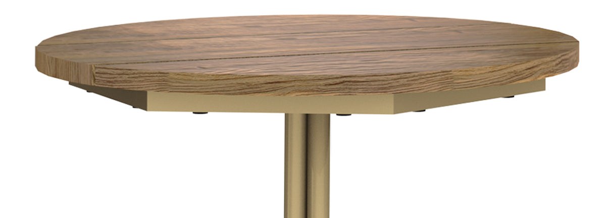 Bono Teak Aluminum Side Table by Mamagreen, showing closeup view of bono teak aluminum side table in brass neo vintage aluminum/recycled teak wood.
