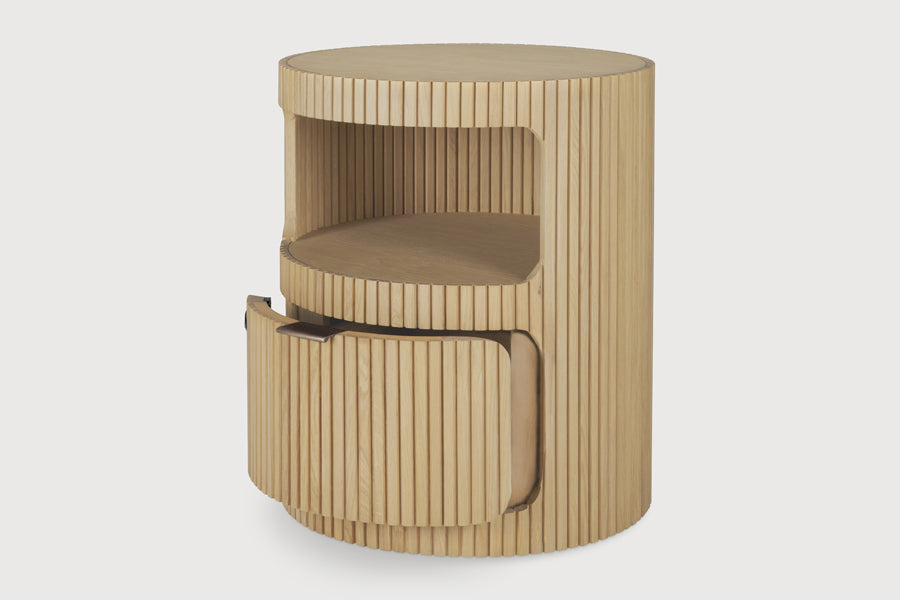 Boomerang Drawer Unit by Ethnicraft, showing angle view of boomerang drawer unit in studio shot.