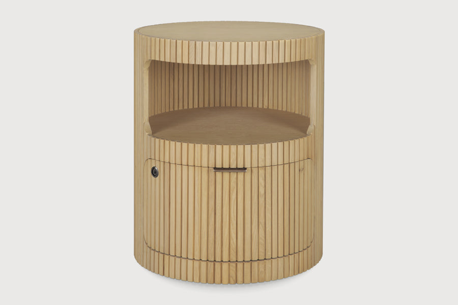 Boomerang Drawer Unit by Ethnicraft, showing front view of boomerang drawer unit in studio shot.