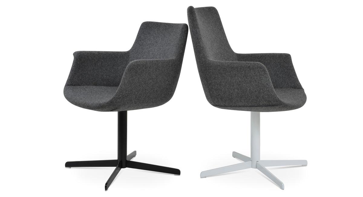 Bottega 4 Star Swivel Armchair-Fabric by SohoConcept, showing angle view of bottega 4 star swivel armchairs in black finish/camira blazer dark grey fabric & chrome finish/camira blazer dark grey fabric(high back).
