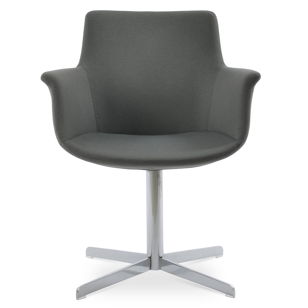 Bottega 4 Star Swivel Armchair-Fabric by SohoConcept, showing front view of bottega 4 star swivel armchair in chrome finish/camira era grey fabric.