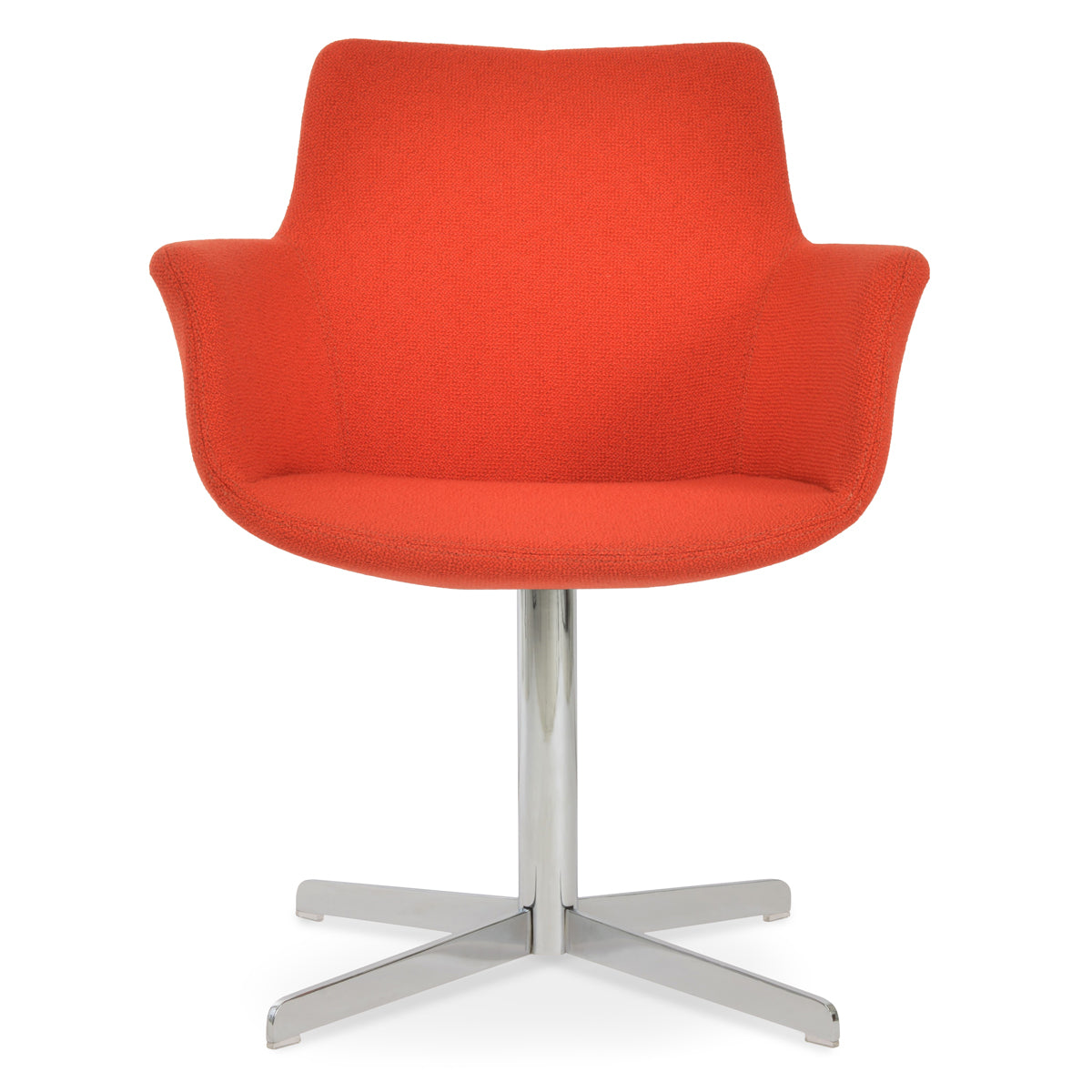 Bottega 4 Star Swivel Armchair-Fabric by SohoConcept, showing front view of bottega 4 star swivel armchair in chrome finish/camira yoredale orange boucle fabric.