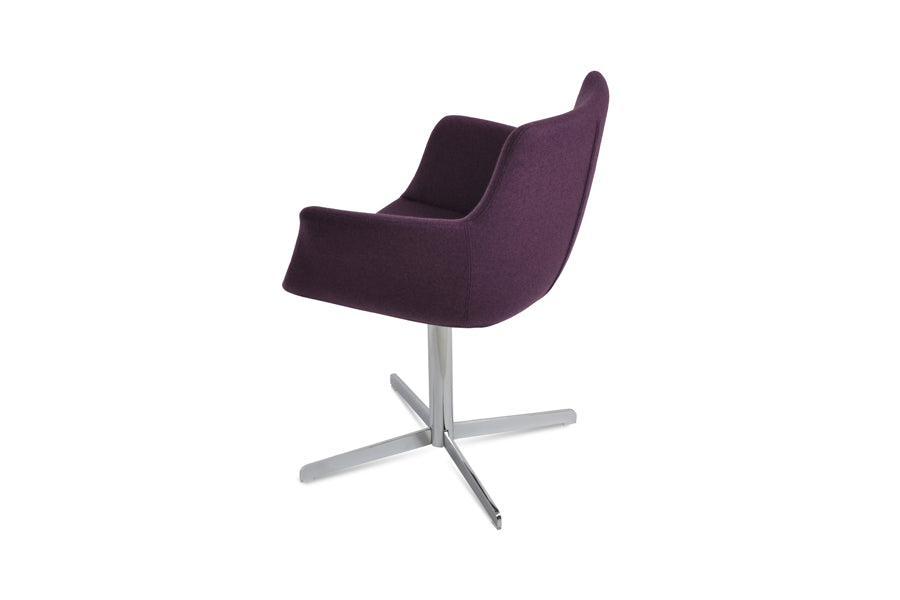 Bottega 4 Star Swivel Armchair-Fabric by SohoConcept, showing side view of bottega 4 star swivel armchair in chrome finish/camira blazer new deep maroon wool.