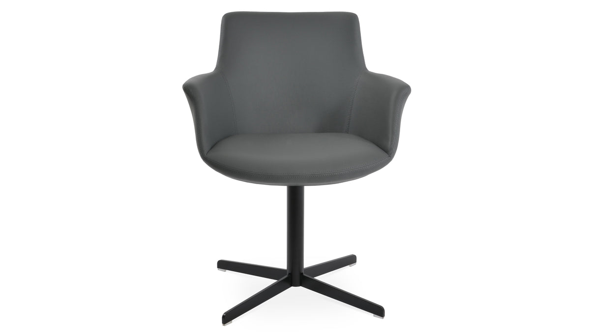 Bottega 4 Star Swivel Armchair-Leather by SohoConcept, showing front view of bottega 4 star swivel arm chair in black finish/grey leatherette.