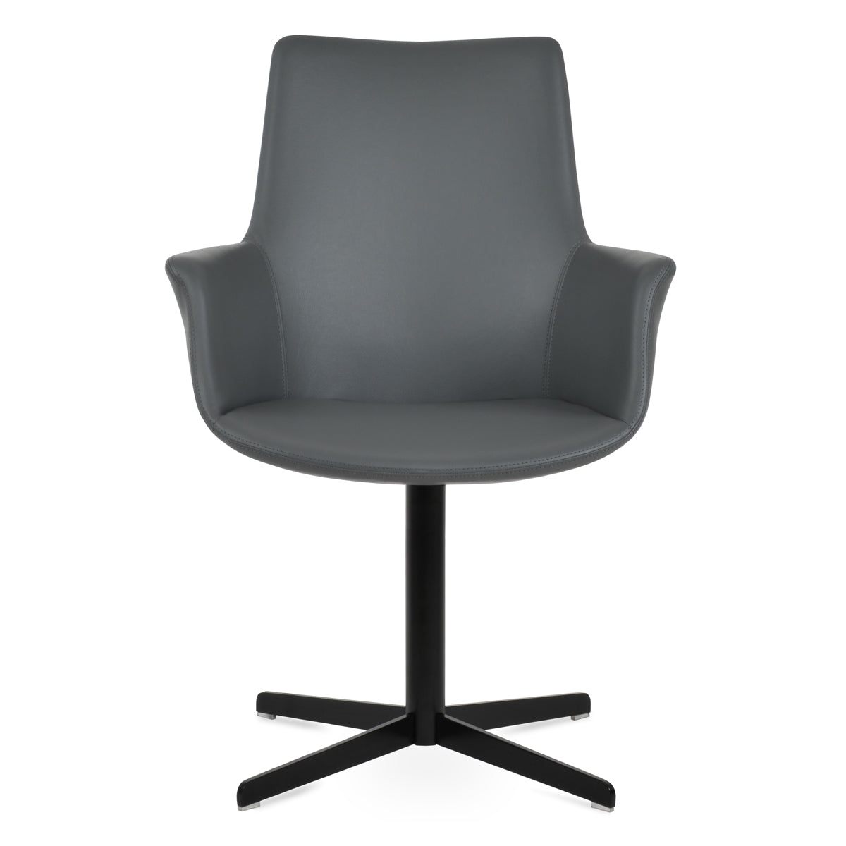 Bottega 4 Star Swivel Armchair-Leather by SohoConcept, showing front view of bottega 4 star swivel armchair in black finish/grey leatherette (high back).