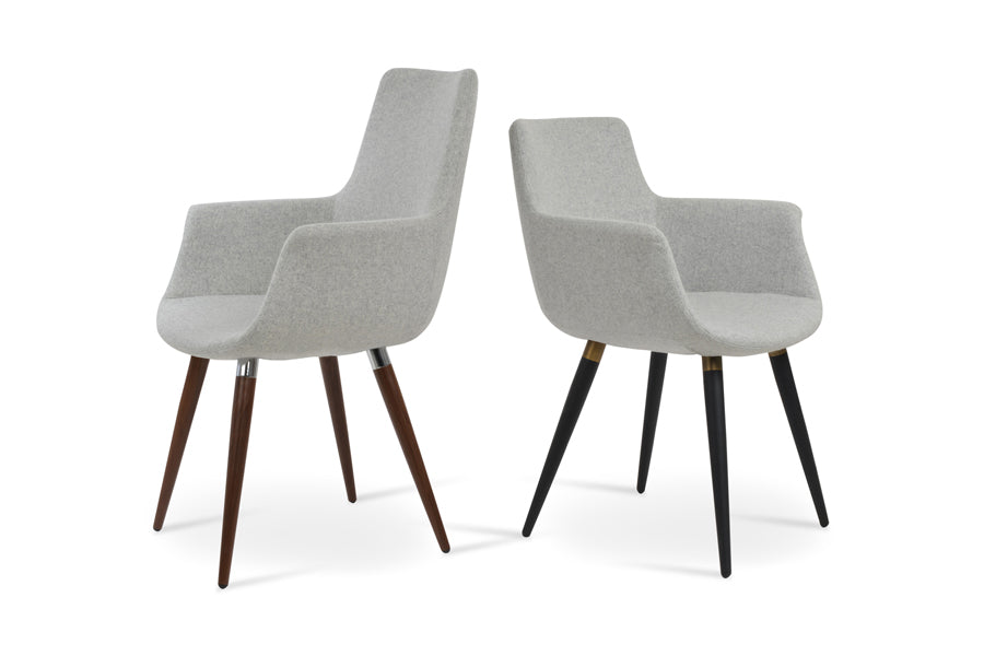 Bottega Ana Armchair by SohoConcept, showing side view of bottega ana armchair in walnut veneer Legs & chrome bracelet/camira blazer silver wool (high back) and black powder legs & brass bracelet/camira blazer silver wool.
