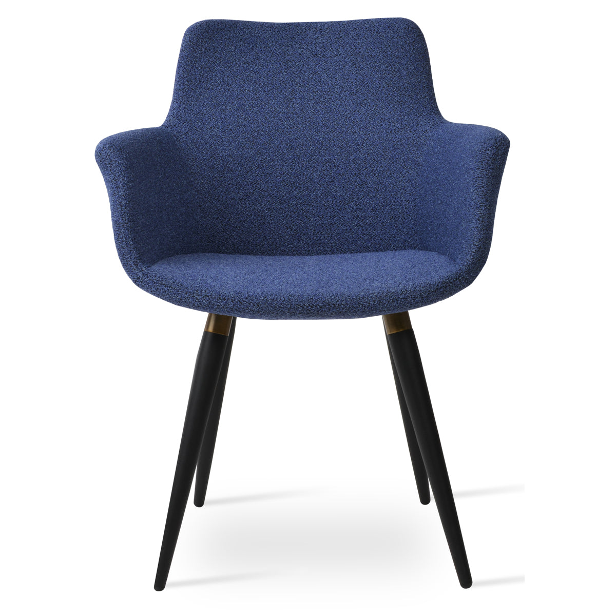 Bottega Ana Armchair by SohoConcept, showing front view of bottega ana armchair in black powder legs & brass bracelet/boucle blue-black fabric.