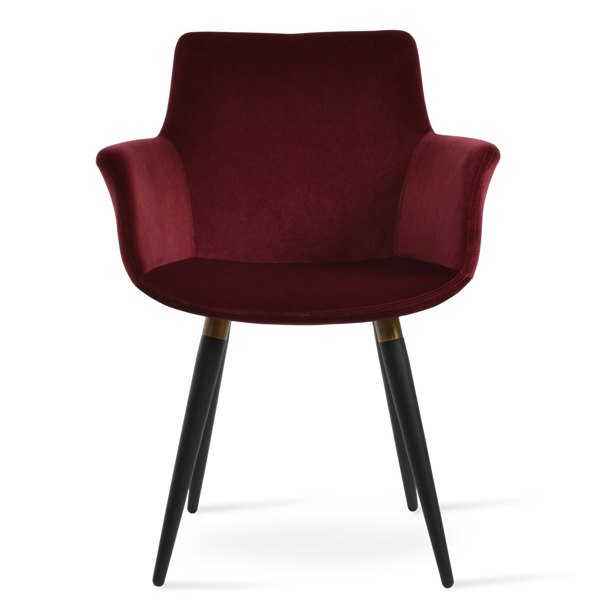 Bottega Ana Armchair by SohoConcept, showing front view of bottega ana armchair in black powder legs & brass bracelet/velvet cherry fabric.