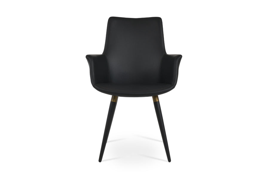 Bottega Ana Armchair by SohoConcept, showing front view of bottega ana armchair in black powder legs & brass bracelet/black leatherette (high back).
