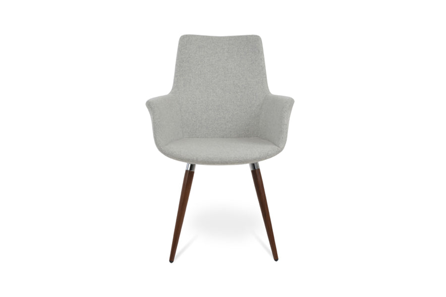 Bottega Ana Armchair by SohoConcept, showing front view of bottega ana armchair in walnut veneer Legs & chrome bracelet/camira blazer silver wool (high back).