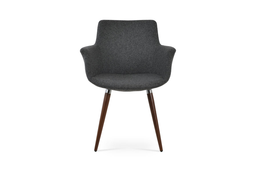 Bottega Ana Armchair by SohoConcept, showing front view of bottega ana armchair in walnut veneer Legs & chrome bracelet/camira blazer dark grey wool.