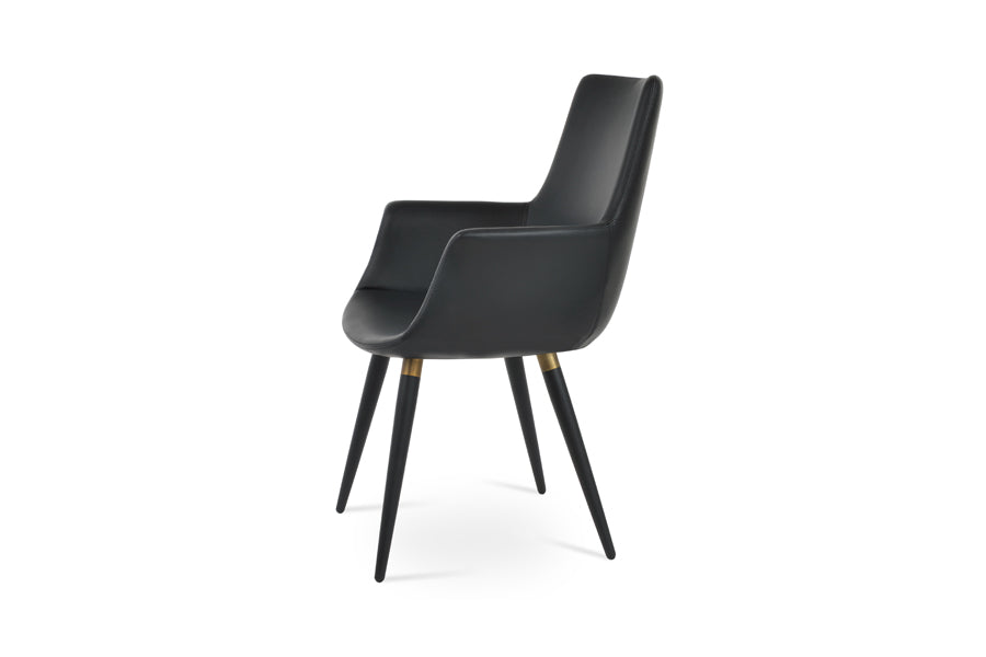 Bottega Ana Armchair by SohoConcept, showing side view of bottega ana armchair in black powder legs & brass bracelet/black leatherette (high back).