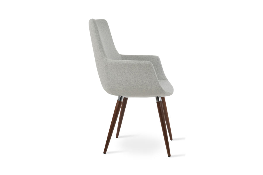 Bottega Ana Armchair by SohoConcept, showing side view of bottega ana armchair in walnut veneer Legs & chrome bracelet/camira blazer silver wool (high back).
