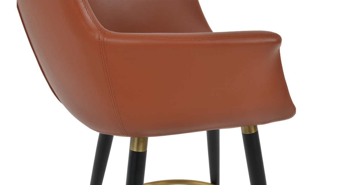 Bottega Ana Bar Stool by SohoConcept, showing closeup view of bottega ana bar stool in black powder steel with brass ring and footrest/cinnamon ppm-fr.