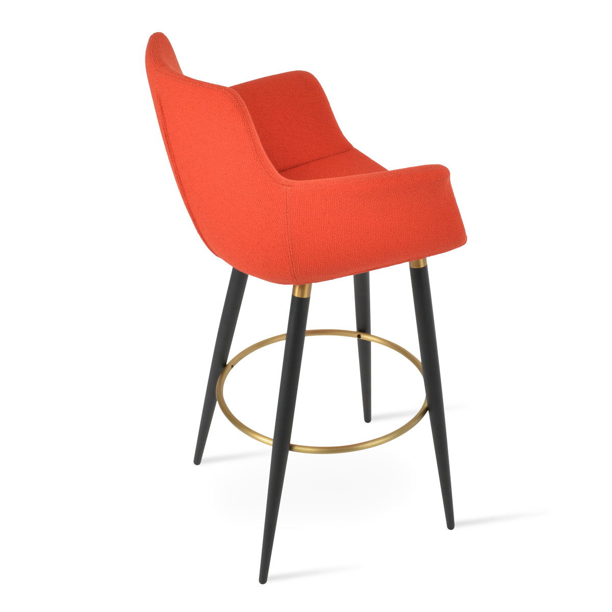 Bottega Ana Bar Stool by SohoConcept, showing back view of bottega ana bar stool in black powder steel with brass ring and footrest/camira yoredale orange boucle fabric.