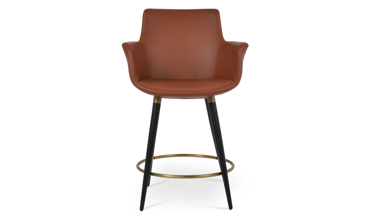 Bottega Ana Counter Stool by SohoConcept, showing front view of bottega ana counter stool in black powder steel with brass ring and footrest/cinnamon ppm-fr.