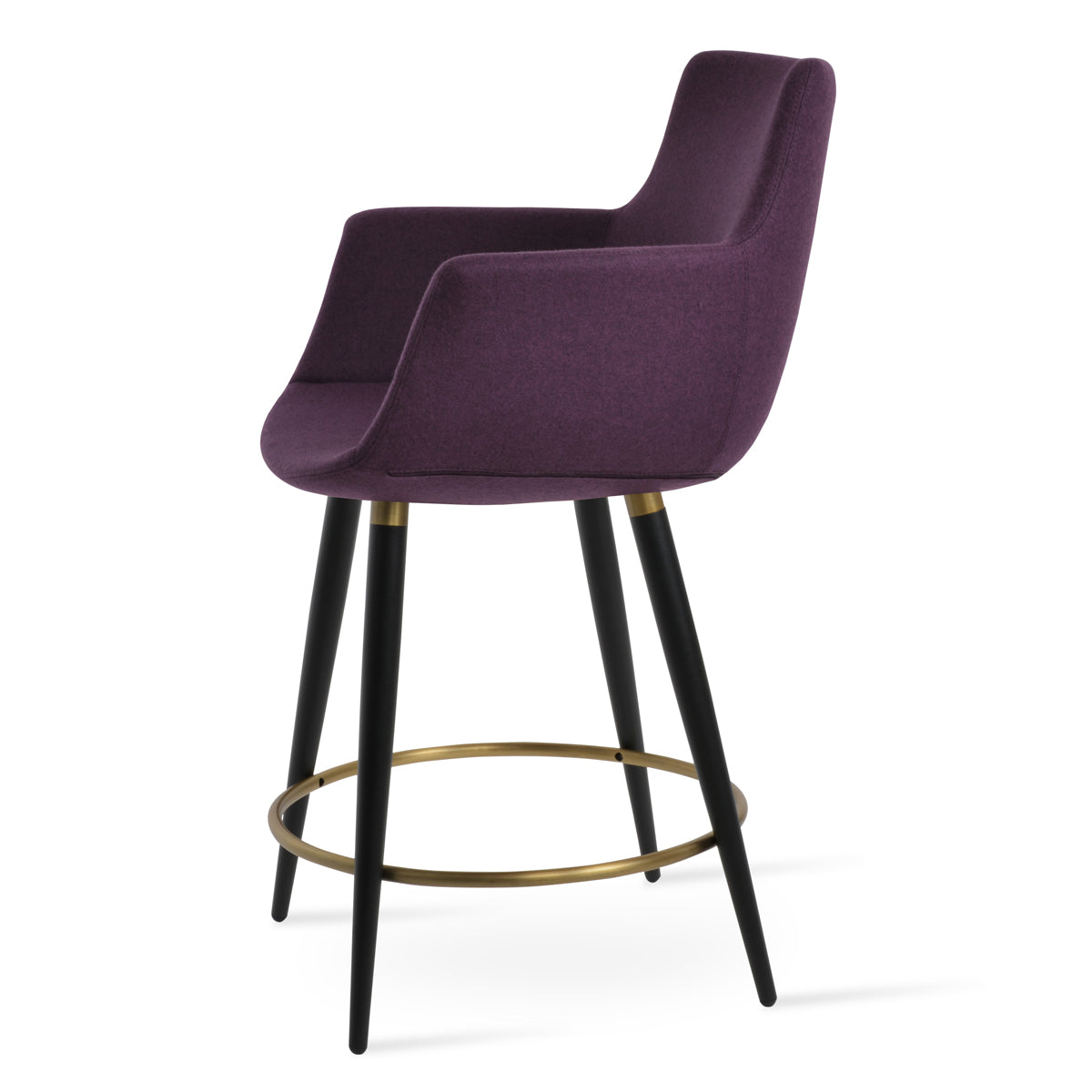 Bottega Ana Counter Stool by SohoConcept, showing side view of bottega ana counter stool in black powder steel with brass ring and footrest/camira blazer new deep maroon wool.