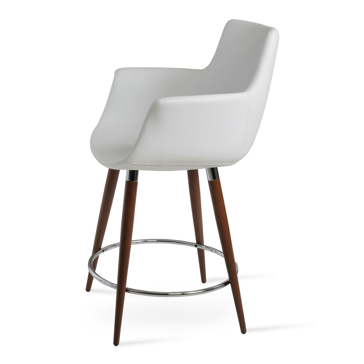 Bottega Ana Counter Stool by SohoConcept, showing side view of bottega ana counter stool in walnut veneer steel with chrome ring and footrest/white leatherette.