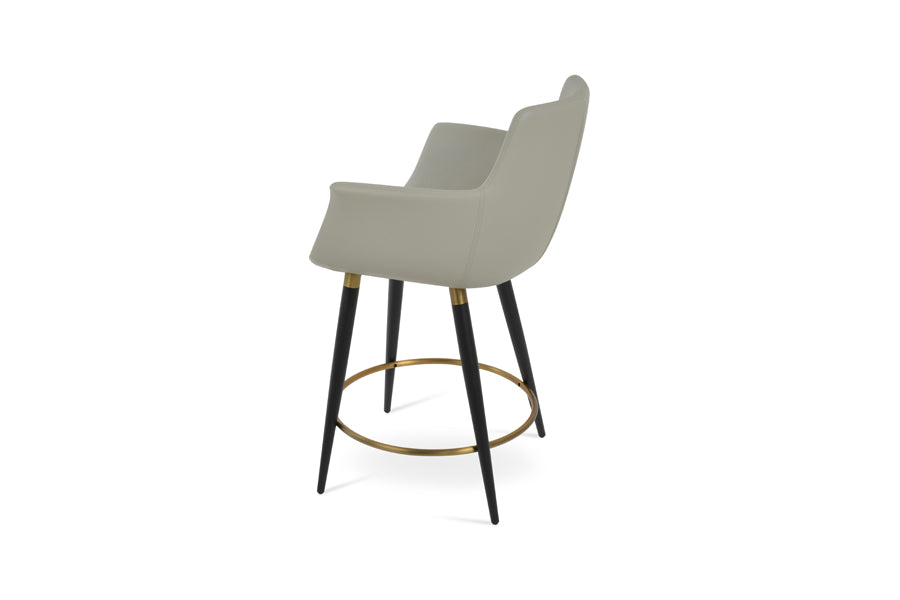 Bottega Ana Counter Stool by SohoConcept, showing side view of bottega ana counter stool in black powder steel with brass ring and footrest/light grey leatherette.