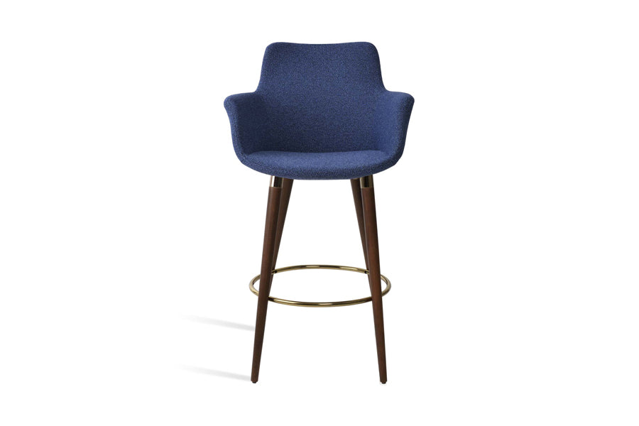 Bottega Ana Counter Stool by SohoConcept, showing front view of bottega ana counter stool in walnut veneer steel with chrome ring and footrest/boucle blue-black fabric.