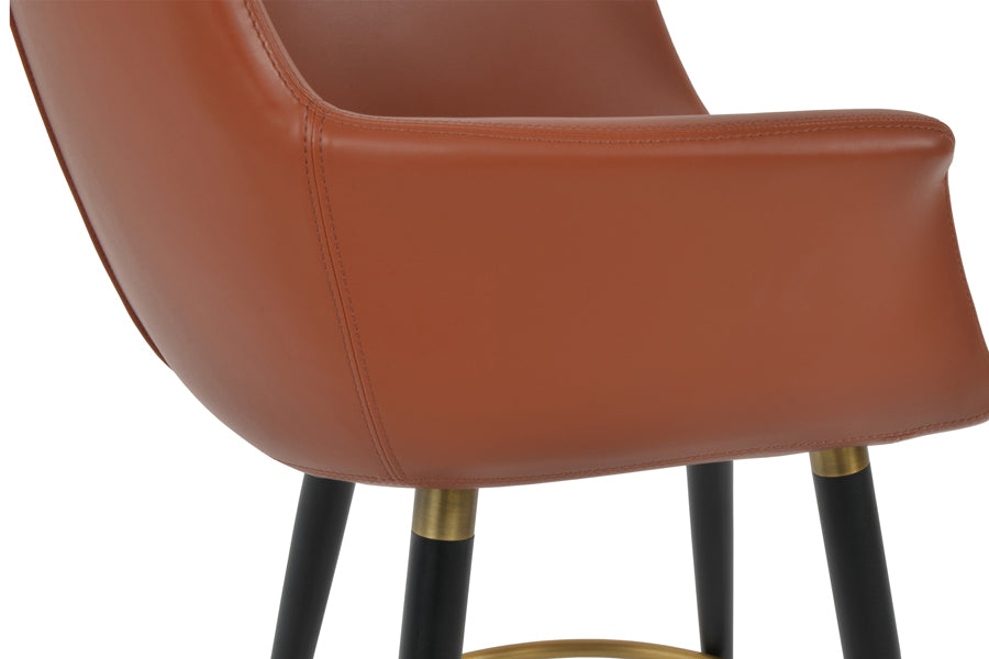 Bottega Ana Counter Stool by SohoConcept, showing closeup view of bottega ana counter stool in black powder steel with brass ring and footrest/cinnamon ppm-fr.