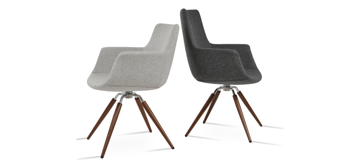 Bottega Carrot Swivel Armchair by SohoConcept, showing side view of bottega carrot swivel armchairs in walnut & polished stainless steel/camira blazer silver wool & walnut & polished stainless steel/camira blazer dark grey wool (high back).
