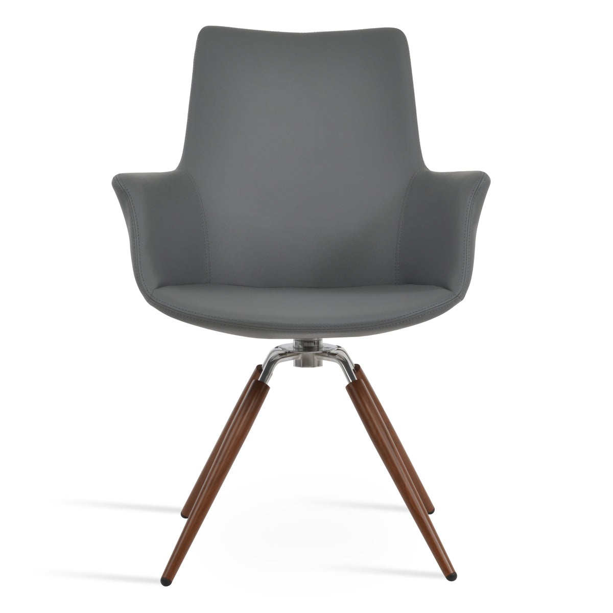 Bottega Carrot Swivel Armchair by SohoConcept, showing front view of bottega carrot swivel armchair in walnut & polished stainless steel/grey leatherette (high back).