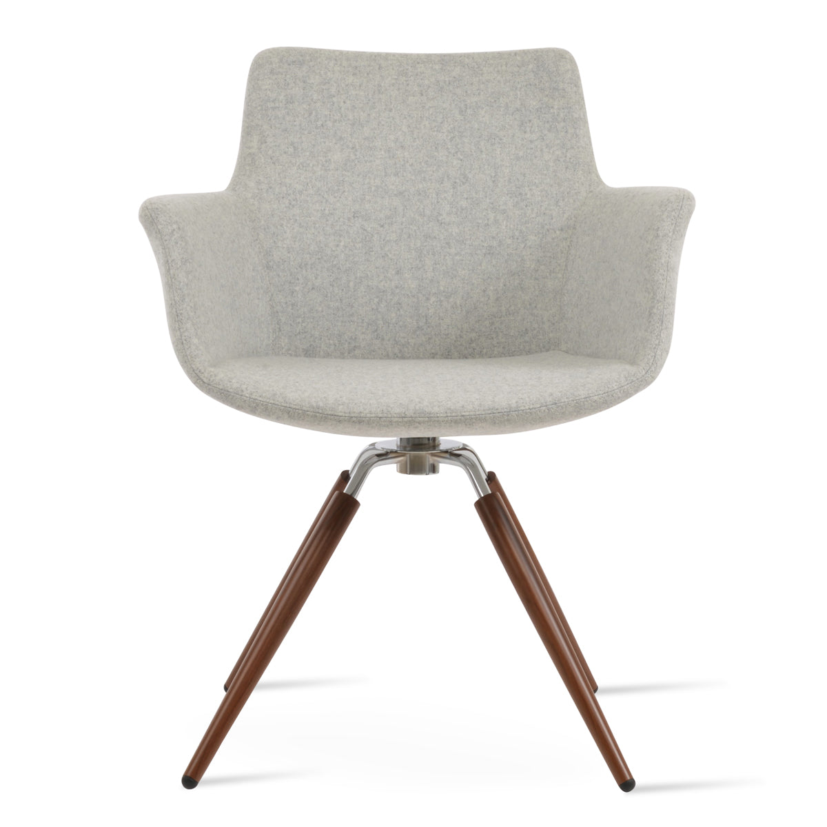 Bottega Carrot Swivel Armchair by SohoConcept, showing front view of bottega carrot swivel armchair in walnut & polished stainless steel/camira blazer silver wool.