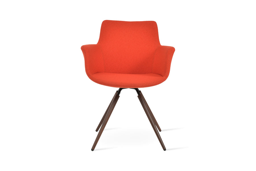 Bottega Carrot Swivel Armchair by SohoConcept, showing front view of bottega carrot swivel armchair in walnut veneer steel/camira yoredale orange boucle fabric.