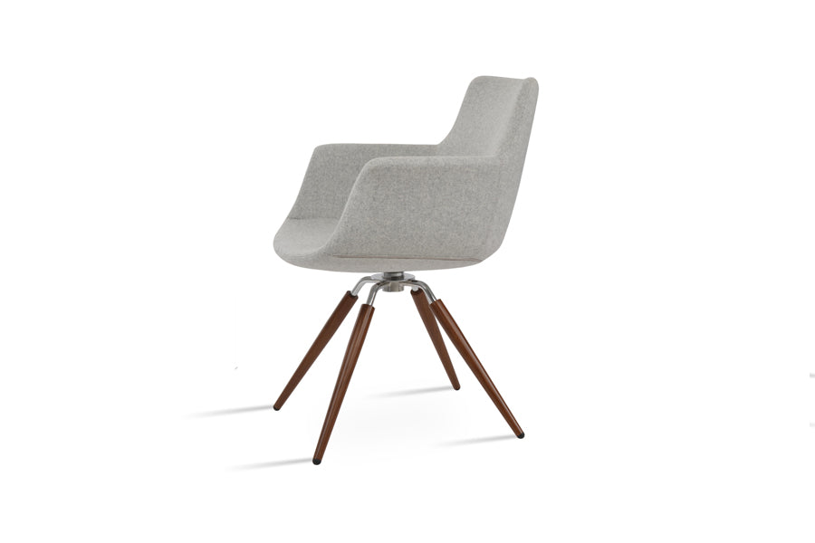 Bottega Carrot Swivel Armchair by SohoConcept, showing side view of bottega carrot swivel armchair in walnut & polished stainless steel/camira blazer silver wool.