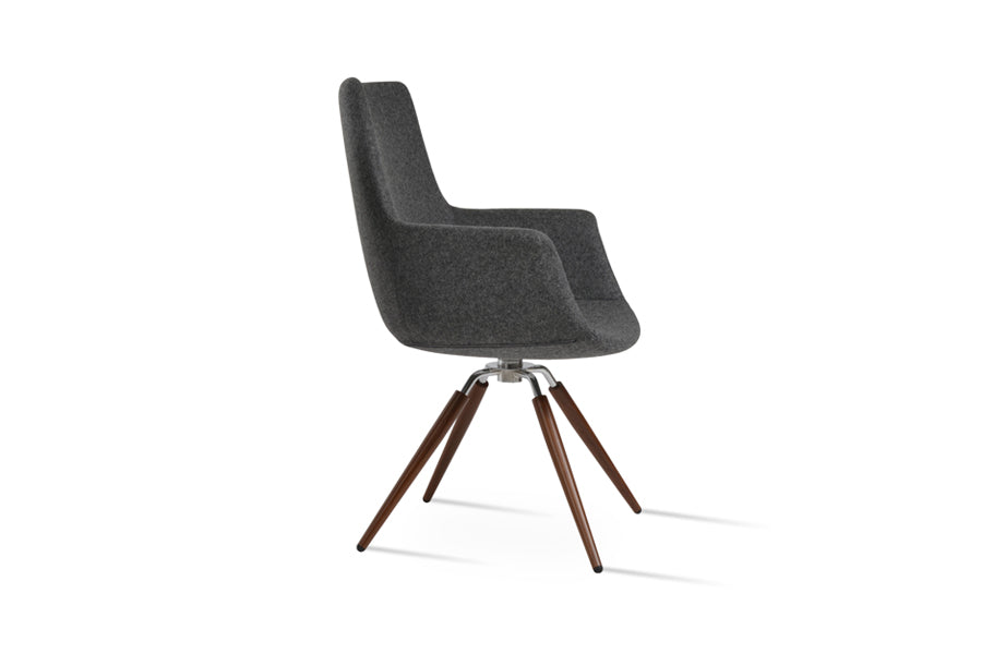 Bottega Carrot Swivel Armchair by SohoConcept, showing side view of bottega carrot swivel armchair in walnut & polished stainless steel/camira blazer dark grey wool (high back).