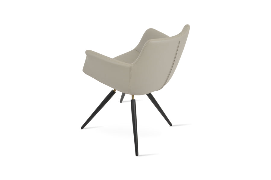Bottega Carrot Swivel Armchair by SohoConcept, showing back view of bottega carrot swivel armchair in black powder & brass/light grey leatherette.