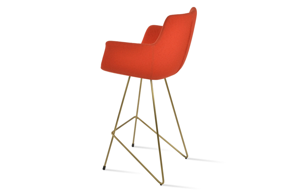 Bottega Cat-Wire Bar Stool by SohoConcept, showing side view of bottega cat-wire bar stool in brass wire/camira yoredale orange boucle fabric.