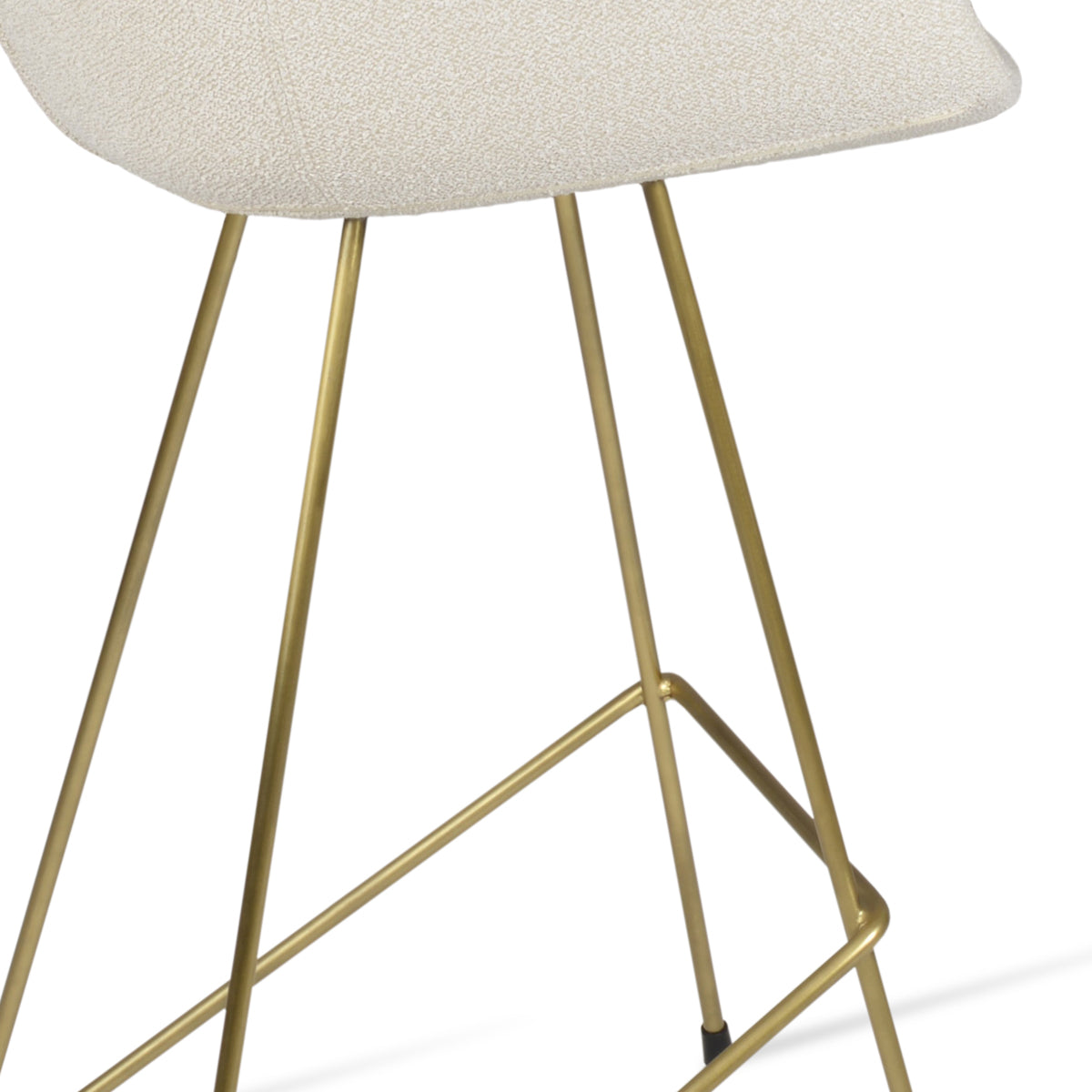 Bottega Cat-Wire Bar Stool by SohoConcept, showing closeup view of bottega cat-wire bar stool in brass wire/boucle off white fabric.