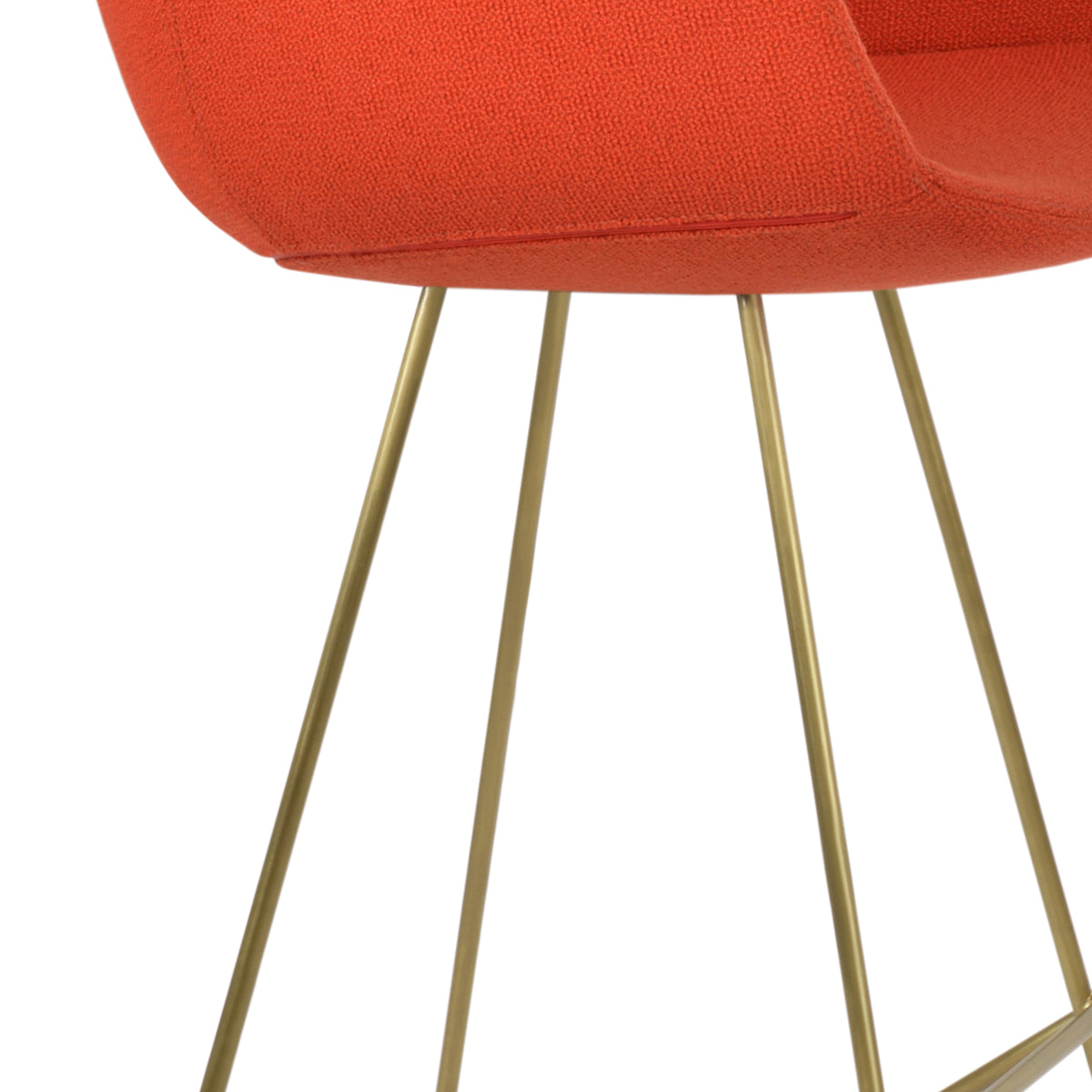Bottega Cat-Wire Bar Stool by SohoConcept, showing closeup view of bottega cat-wire bar stool in brass wire/camira yoredale orange boucle fabric.