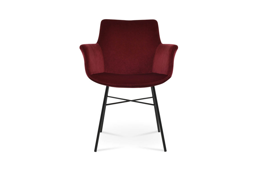 Bottega Cross Armchair by SohoConcept, showing front view of bottega cross armchair in black paint steel/velvet cherry fabric.