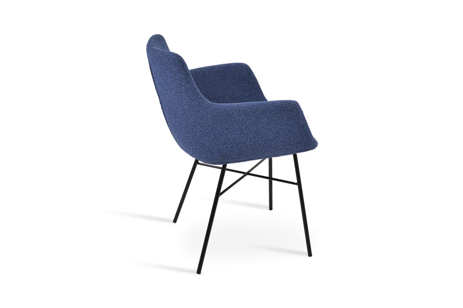 Bottega Cross Armchair by SohoConcept, showing back/side view of bottega cross armchair in black paint steel/boucle blue-black fabric.