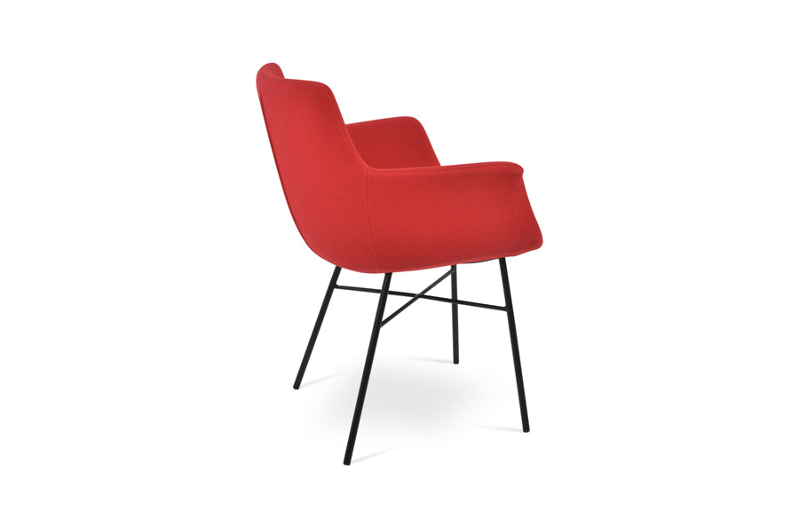 Bottega Cross Armchair by SohoConcept, showing back/side view of bottega cross armchair in black paint steel/camira era red fabric.