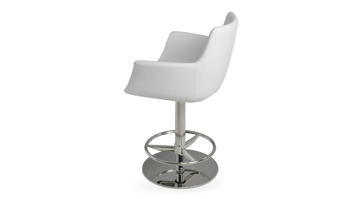 Bottega Full Piston Stool by SohoConcept, showing side view of bottega full piston stool in polished stainless steel/white leatherette.