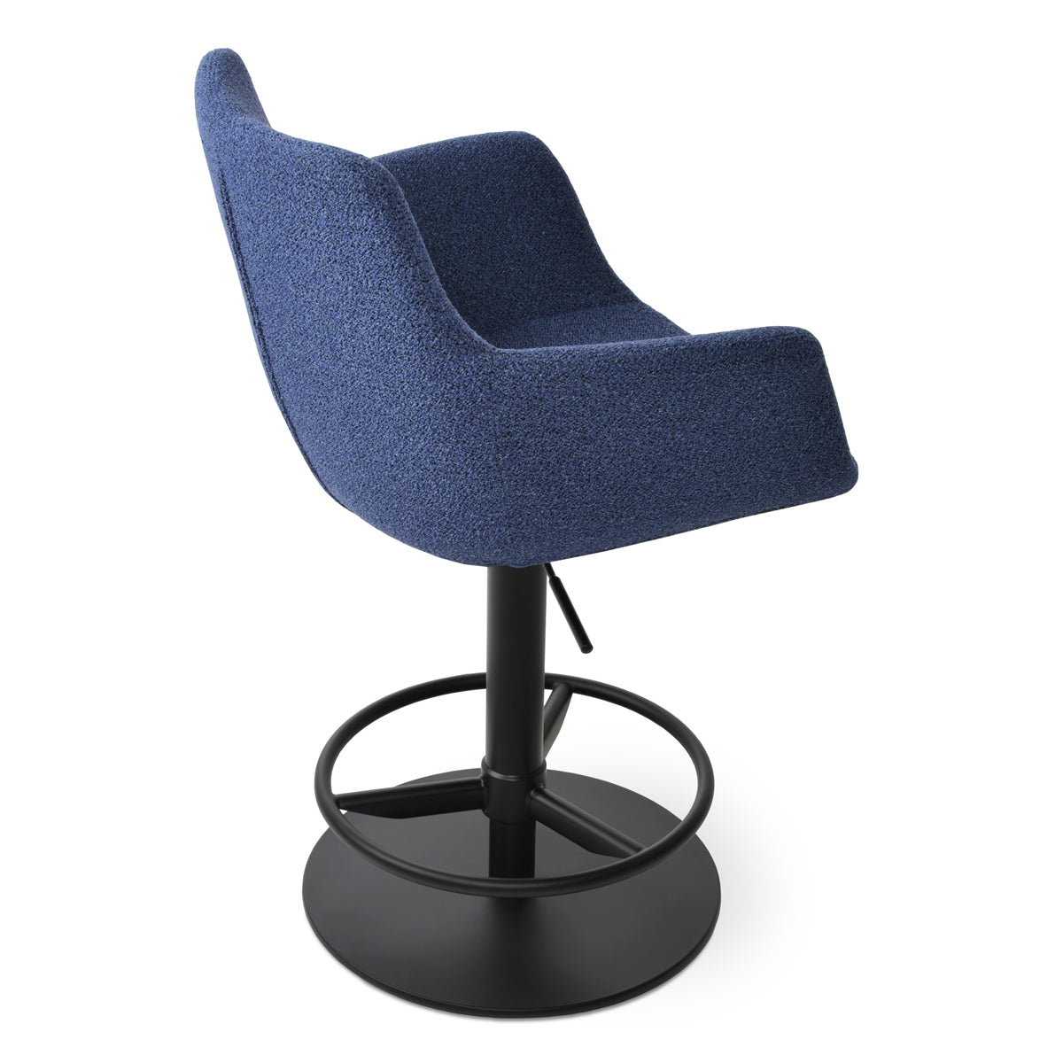 Bottega Full Piston Stool by SohoConcept, showing side view of bottega full piston stool in black painted steel/boucle blue-black fabric.