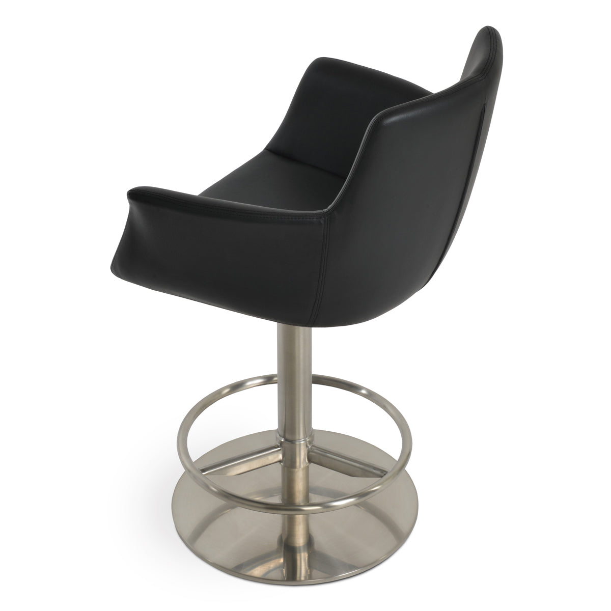 Bottega Full Piston Stool by SohoConcept, showing side view of bottega full piston stool in brushed stainless steel/black leatherette.