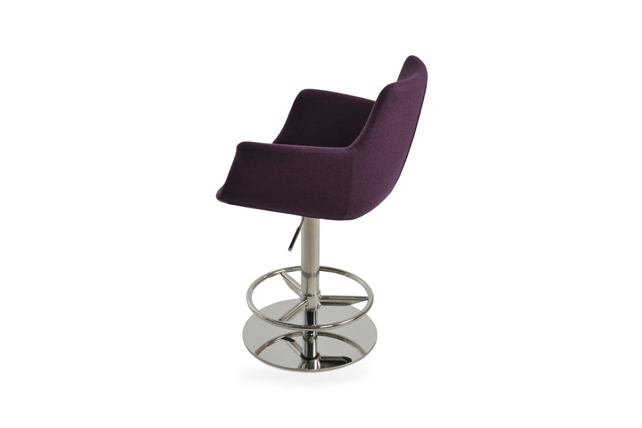 Bottega Full Piston Stool by SohoConcept, showing side view of bottega full piston stool in polished stainless steel/camira blazer new deep maroon wool.