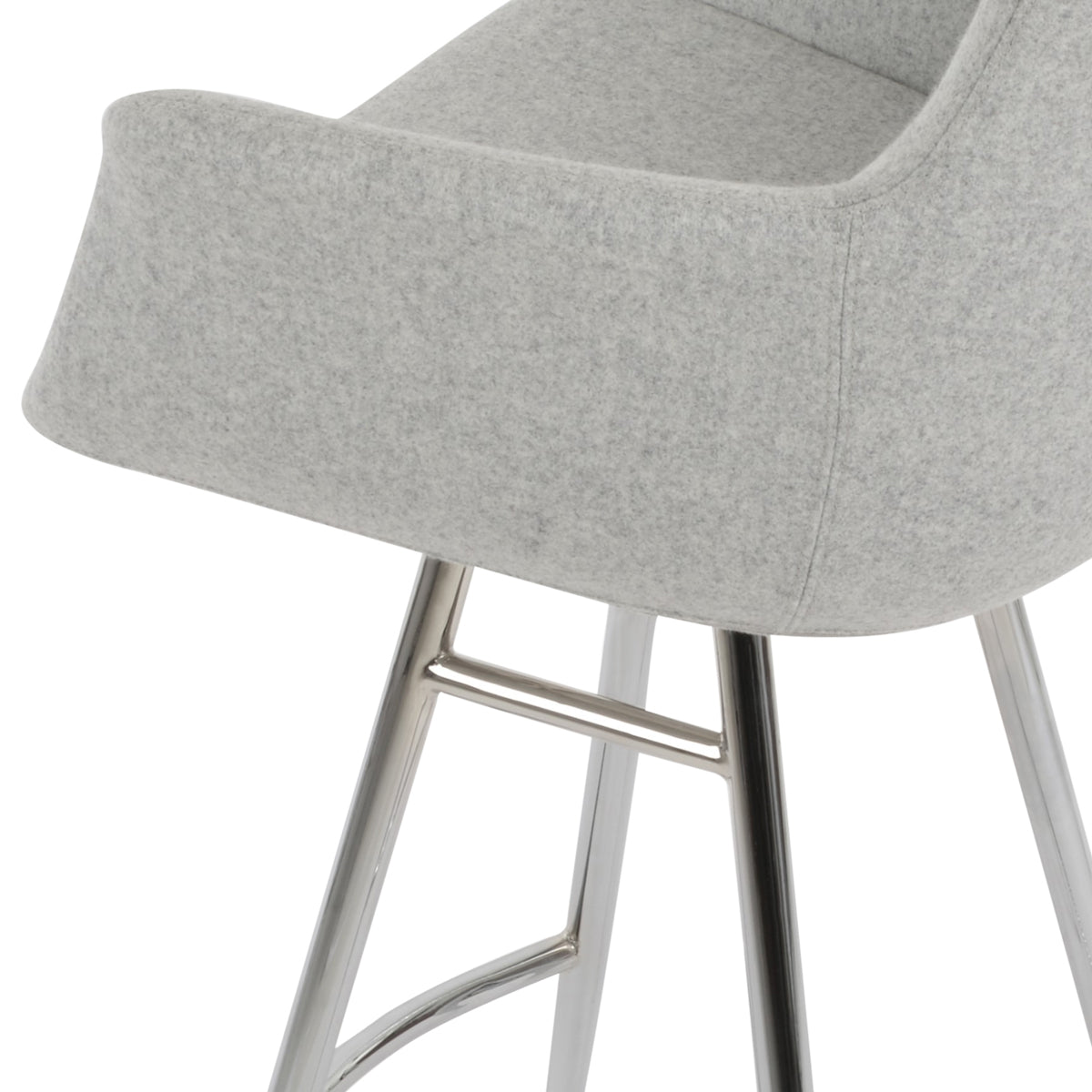 Bottega Galata Bar Stool by SohoConcept, showing closeup view of bottega galata bar stoo in chrome/camira blazer silver wool.
