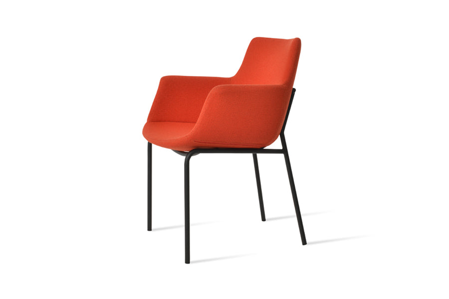 Bottega Harris Armchair by SohoConcept, showing side view of bottega harris armchair in black powder finish/camira yoredale orange boucle fabric.