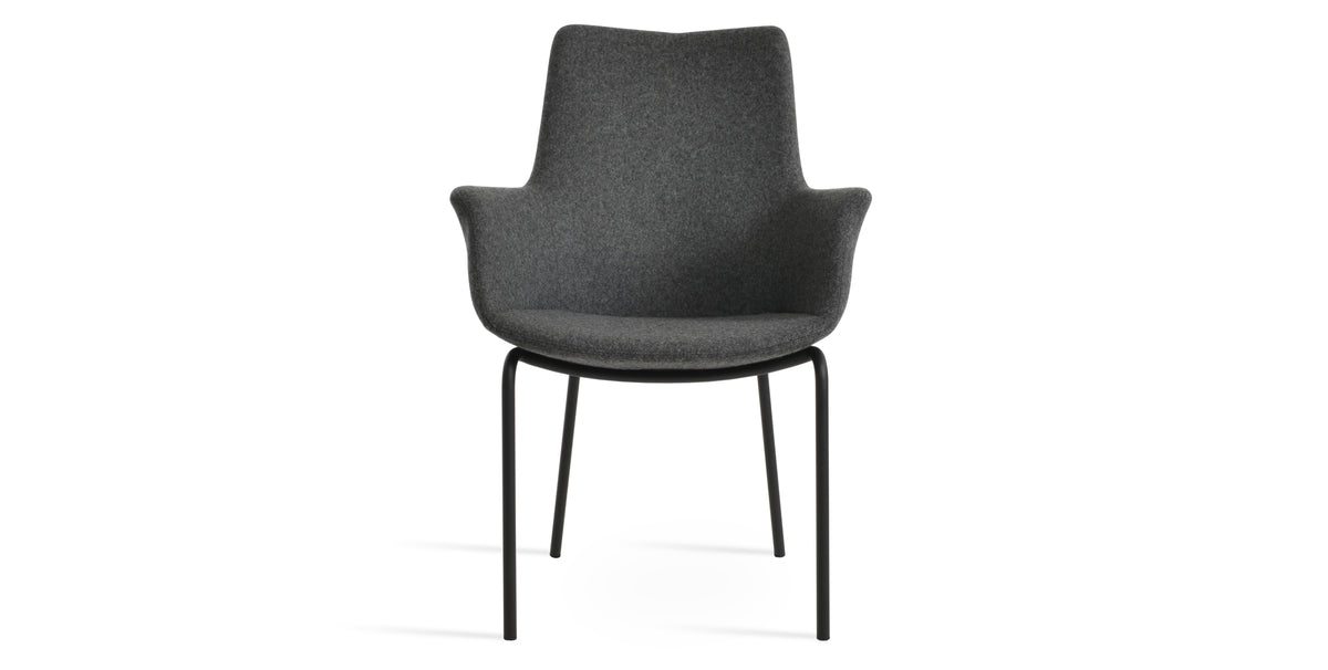Bottega Harris Armchair by SohoConcept, showing front view of bottega harris armchair in black powder finish/camira blazer dark grey wool (high back).